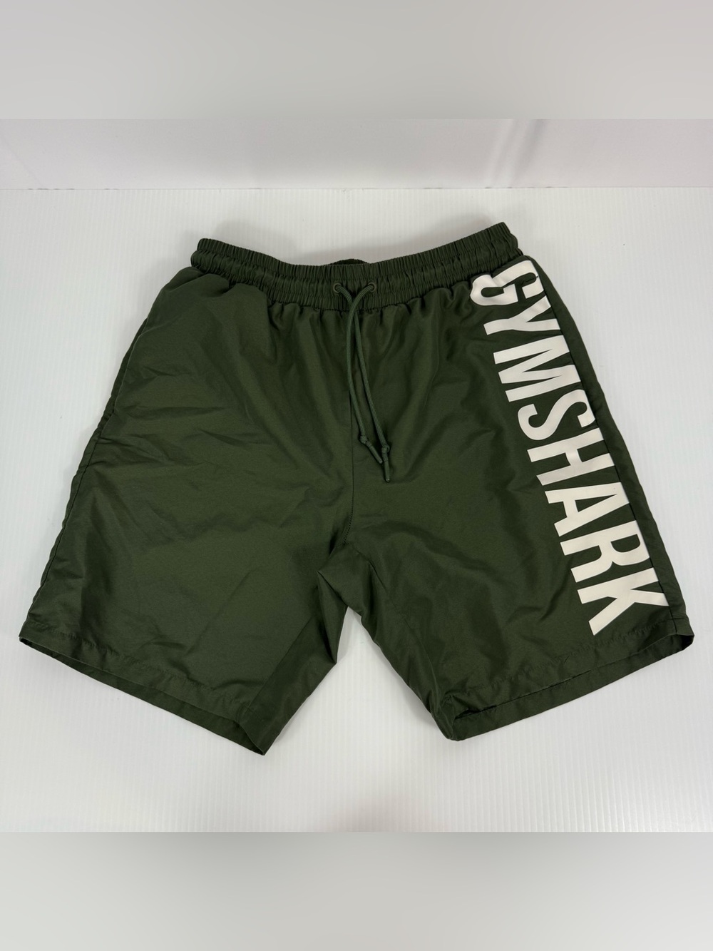 Gymshark Men Swim Shorts M Lined Elastic Tie Waist Army Green Trunks Spell Out